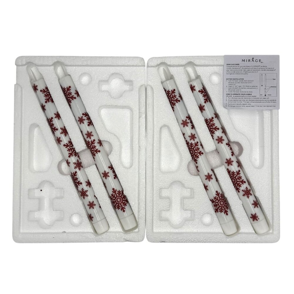 Candle Impressions Mirage Taper Candles White Red Snowflakes Christmas Set of 4